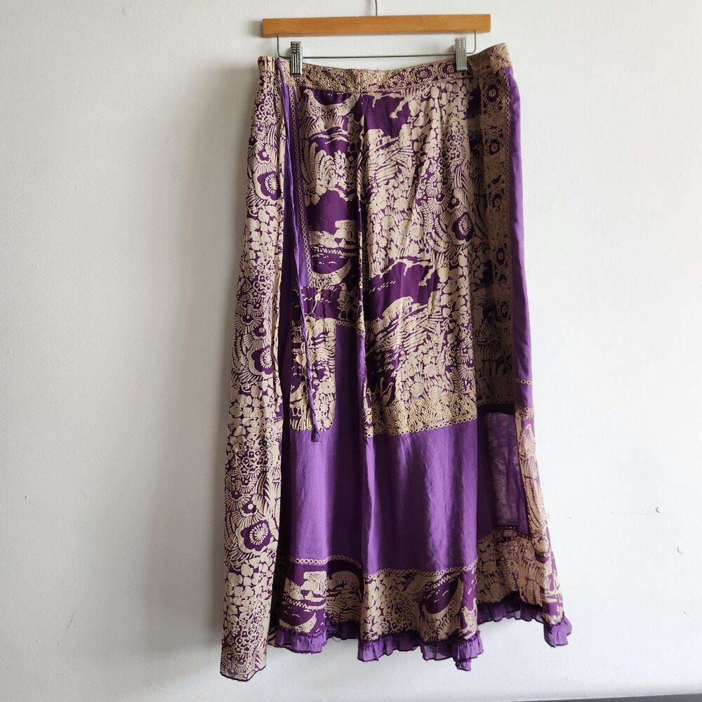 Da-Nang Purple Boho Birds Print Maxi Skirt Sz S Ruffle Hem Lace romantic prairie